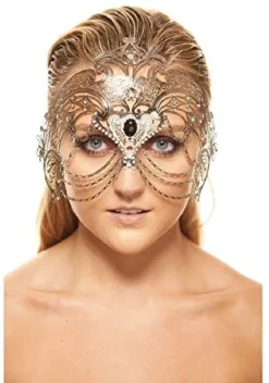 Kayso International Inc. Masquerade Masks Laser Cut Metal Mask With Clear Rhinestones/Chains In 3 Colors