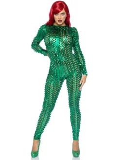 Leg Avenue Bodysuits Green Laser Cut Metallic Catsuit.