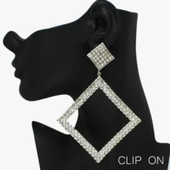 Good Feelings Silver/Clear, Oversized Geometric Rhinestone Clip On Earring Necklaces & Earrings