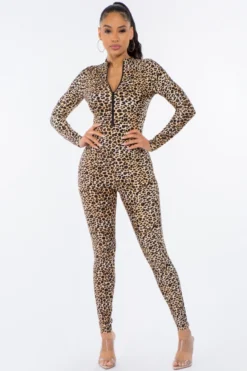 Lets Go Apparel Bodysuit Leopard Zip Front