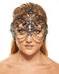 Kayso International Inc. Masquerade Masks Laser Cut Metal Mask With Clear Rhinestones/Chains In 3 Colors