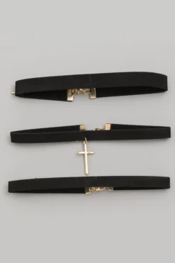 Fame Accessories Necklaces & Earrings Choker Pleather Strips With Cross