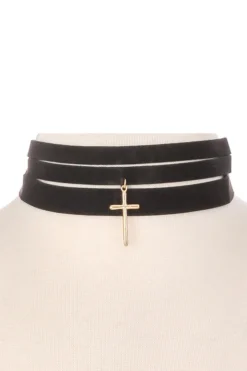 Fame Accessories Necklaces & Earrings Choker Pleather Strips With Cross