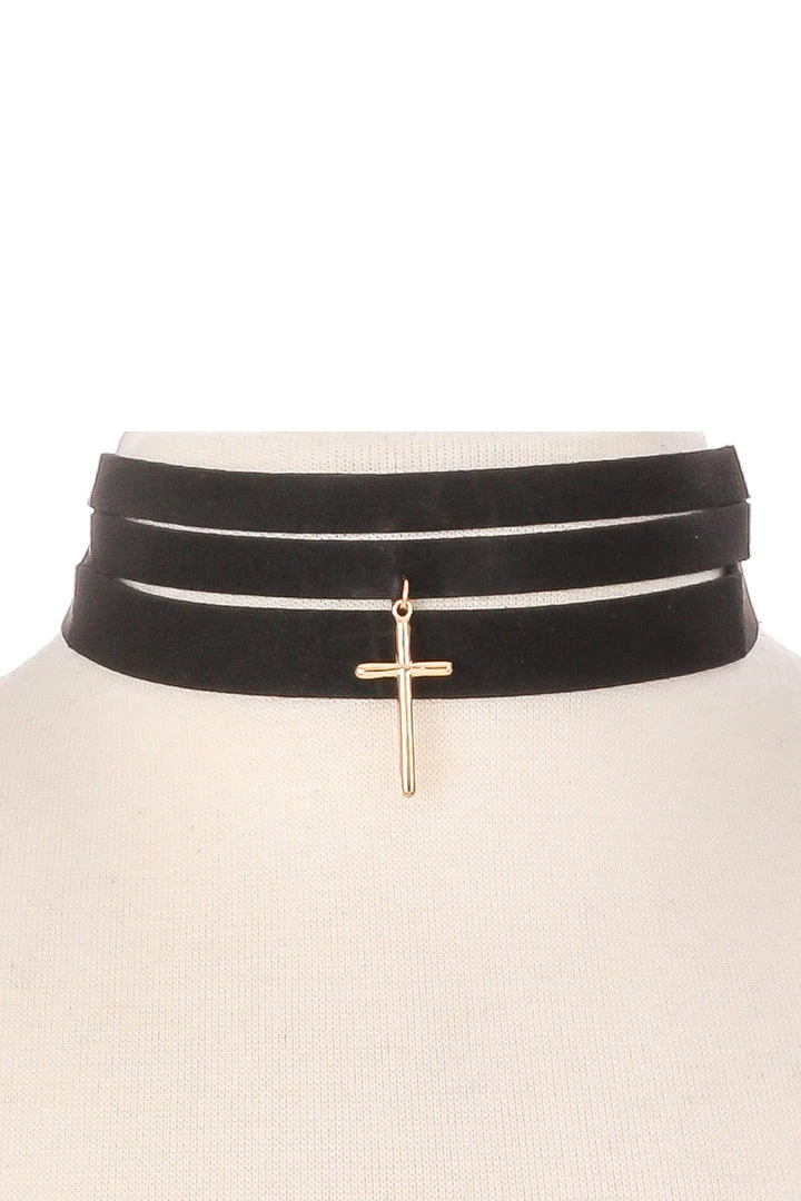 Fame Accessories Necklaces & Earrings Choker Pleather Strips With Cross 3 Fame Accessories Necklaces & Earrings Choker Pleather Strips With Cross