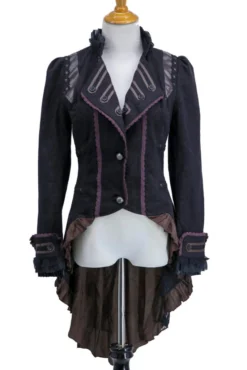 Western Fashion Black Steampunk Swallow Tail Jacket With Brown Lace And Pleather Trim Steampunk & Victorian