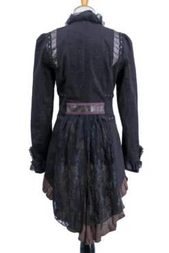 Western Fashion Black Steampunk Swallow Tail Jacket With Brown Lace And Pleather Trim Steampunk & Victorian
