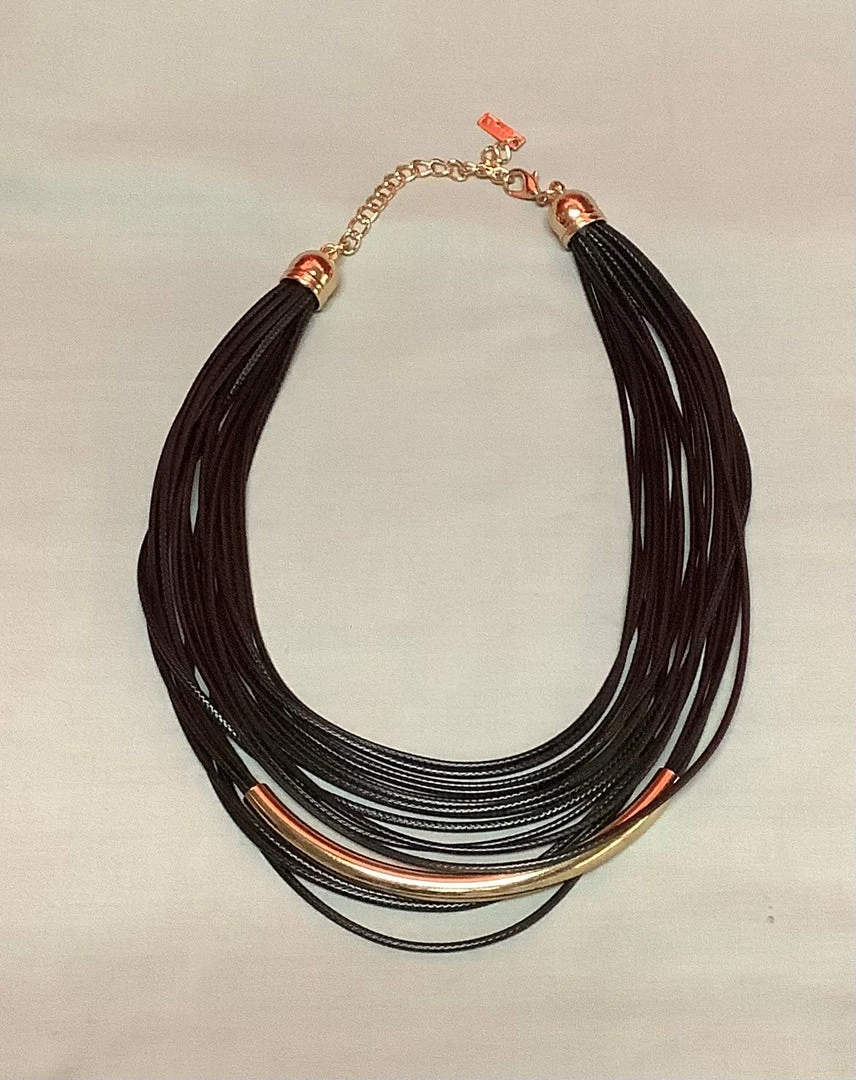 Fame Accessories Necklace Leather Black W/ Gold Tube Necklaces & Earrings 3 Fame Accessories Necklace Leather Black W/ Gold Tube Necklaces & Earrings